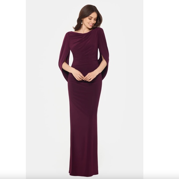 NEW Betsy & Adam BURGUNDY Cape Long Sleeve RUCHED Trumpet EVENING GOWN 10 - Picture 2 of 12